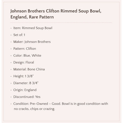 Johnson Brothers "Clifton" Rimmed Soup Bowl, England