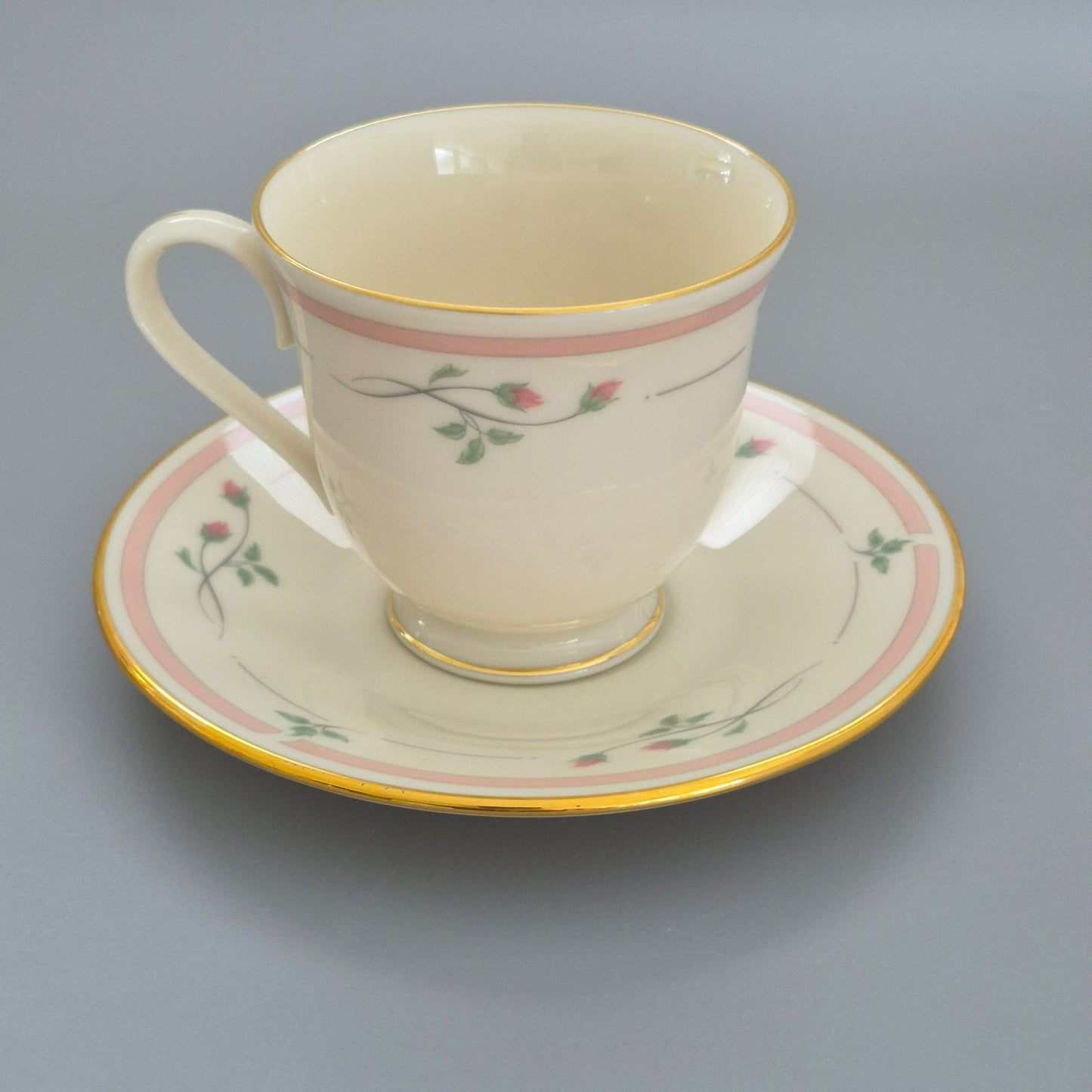 Lenox "Rose Manor Pink" Footed Cup & Saucer, 2 Sets,  c.1985-99 USA