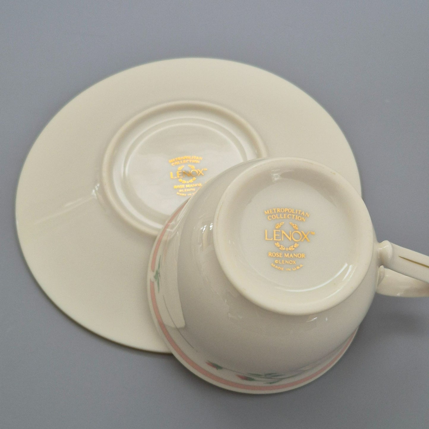 Lenox "Rose Manor Pink" Footed Cup & Saucer, 2 Sets,  c.1985-99 USA