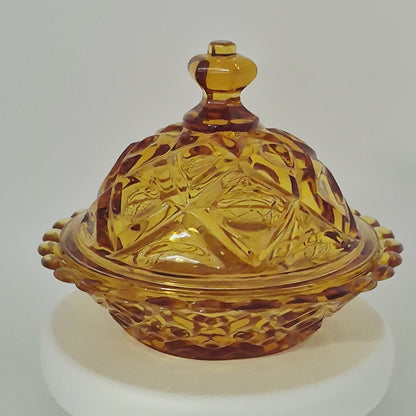 Viking Diamond Thumbprint Amber Round Covered Butter Dish, c.1970s USA