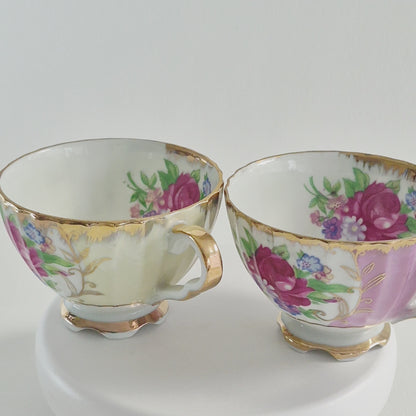 Vintage Floral Lusterware Teacup Set of 2, Made in Japan