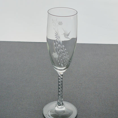 Vintage Etched Hummingbird Fluted Champagne Set