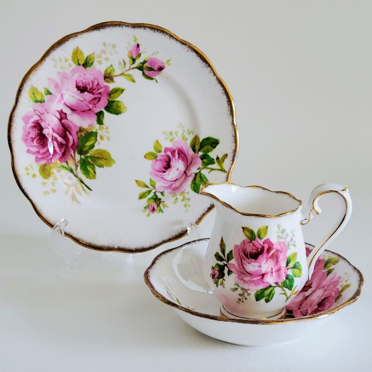 Vintage Royal Albert American Beauty 3 Piece Set, Creamer Pitcher, Berry Bowl, & Bread Plate, Brushed Gold, Pink Roses, Scalloped Edge