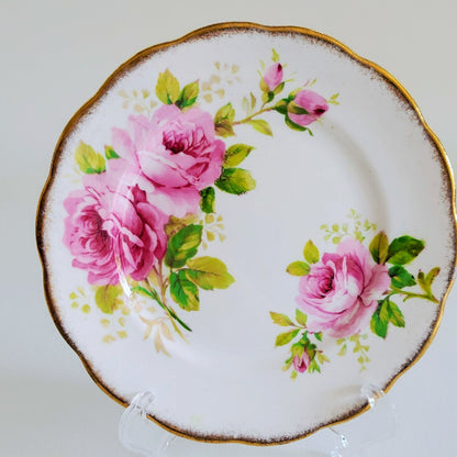 Vintage Royal Albert American Beauty 3 Piece Set, Creamer Pitcher, Berry Bowl, & Bread Plate, Brushed Gold, Pink Roses, Scalloped Edge