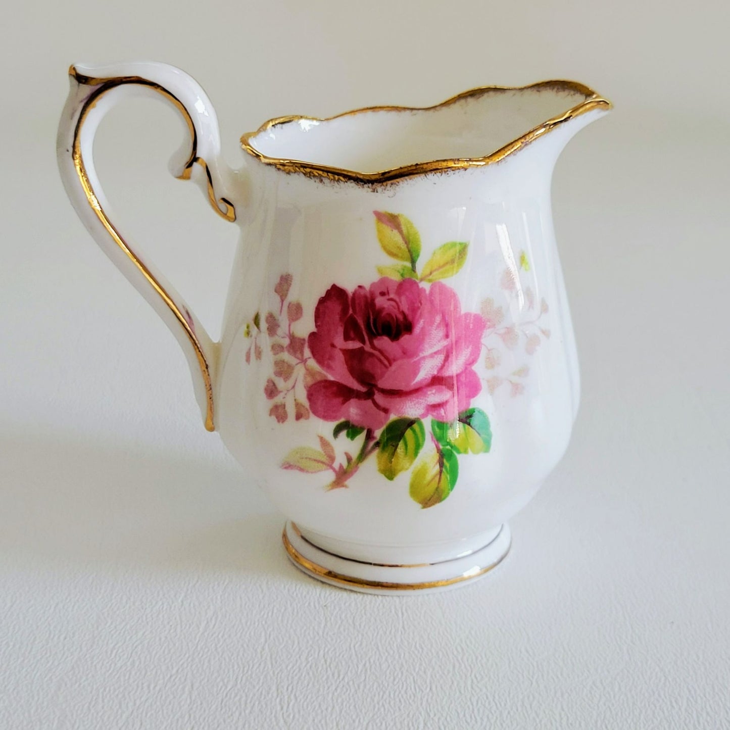 Vintage Royal Albert American Beauty 3 Piece Set, Creamer Pitcher, Berry Bowl, & Bread Plate, Brushed Gold, Pink Roses, Scalloped Edge