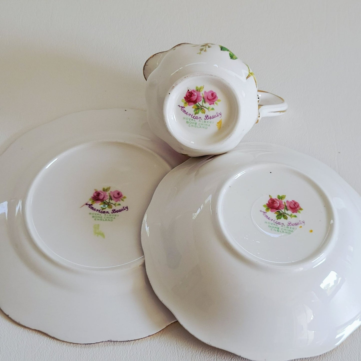 Vintage Royal Albert American Beauty 3 Piece Set, Creamer Pitcher, Berry Bowl, & Bread Plate, Brushed Gold, Pink Roses, Scalloped Edge