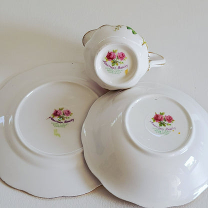 Vintage Royal Albert American Beauty 3 Piece Set, Creamer Pitcher, Berry Bowl, & Bread Plate, Brushed Gold, Pink Roses, Scalloped Edge