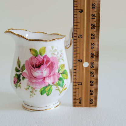 Vintage Royal Albert American Beauty 3 Piece Set, Creamer Pitcher, Berry Bowl, & Bread Plate, Brushed Gold, Pink Roses, Scalloped Edge