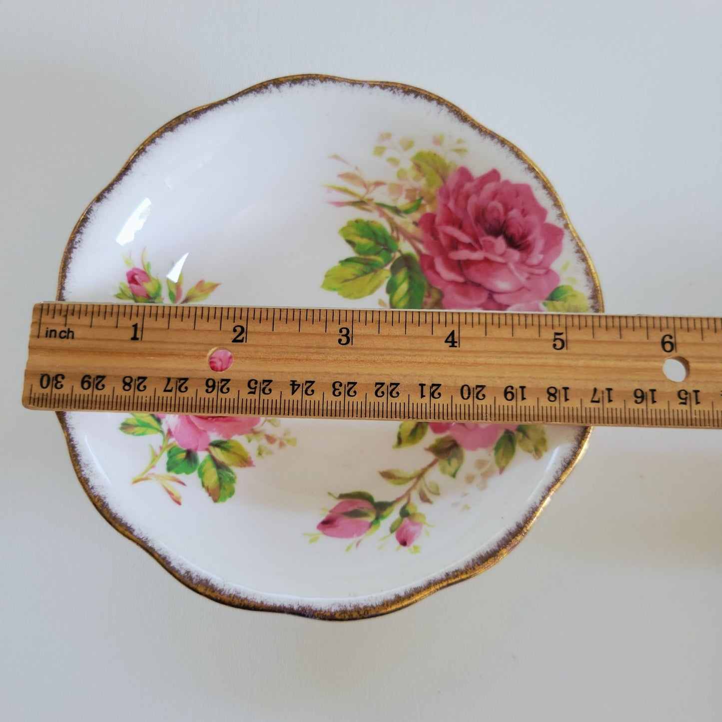 Vintage Royal Albert American Beauty 3 Piece Set, Creamer Pitcher, Berry Bowl, & Bread Plate, Brushed Gold, Pink Roses, Scalloped Edge