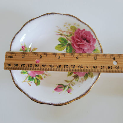 Vintage Royal Albert American Beauty 3 Piece Set, Creamer Pitcher, Berry Bowl, & Bread Plate, Brushed Gold, Pink Roses, Scalloped Edge