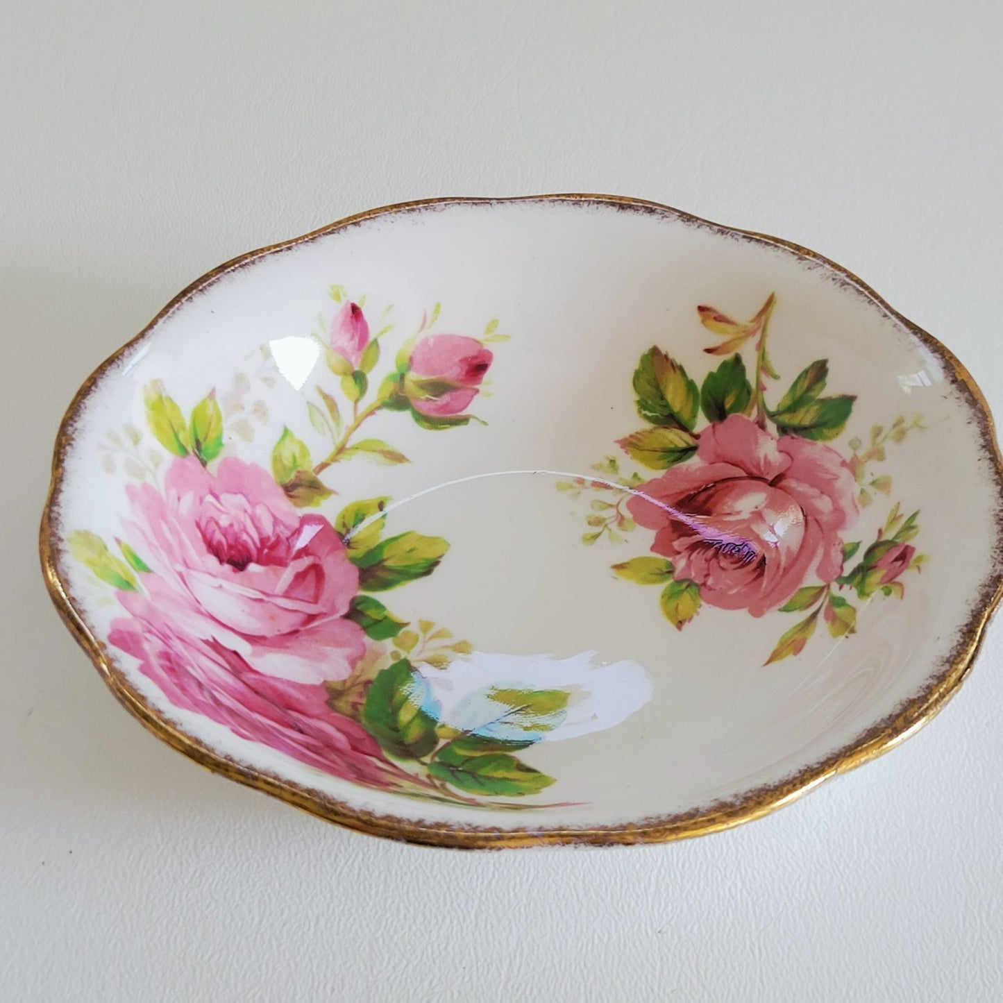 Vintage Royal Albert American Beauty 3 Piece Set, Creamer Pitcher, Berry Bowl, & Bread Plate, Brushed Gold, Pink Roses, Scalloped Edge