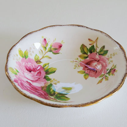 Vintage Royal Albert American Beauty 3 Piece Set, Creamer Pitcher, Berry Bowl, & Bread Plate, Brushed Gold, Pink Roses, Scalloped Edge