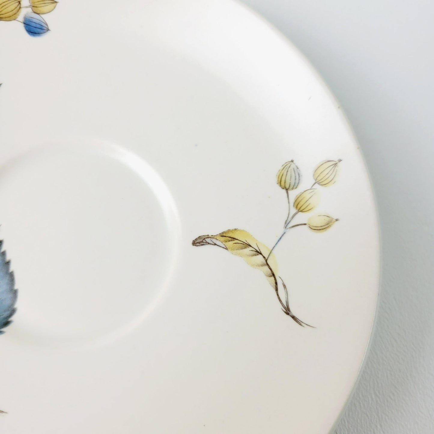 SylvaC Lime Grove Tea Cup & Saucer, 4 Sets, Beige with Blue Leaf & Floral, c.1960s England