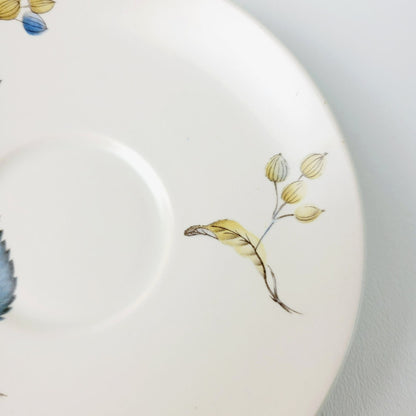 SylvaC Lime Grove Tea Cup & Saucer, 4 Sets, Beige with Blue Leaf & Floral, c.1960s England