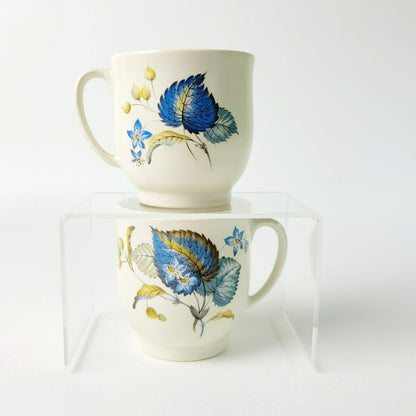 SylvaC Lime Grove Tea Cup & Saucer, 4 Sets, Beige with Blue Leaf & Floral, c.1960s England