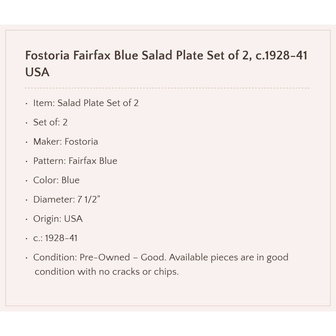 Fostoria Fairfax Blue Glass Salad Plate Set of 2, c.1928-41 USA