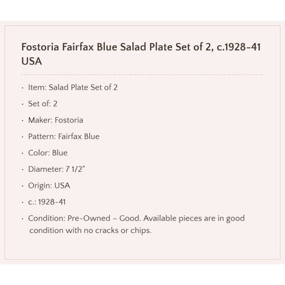 Fostoria Fairfax Blue Glass Salad Plate Set of 2, c.1928-41 USA