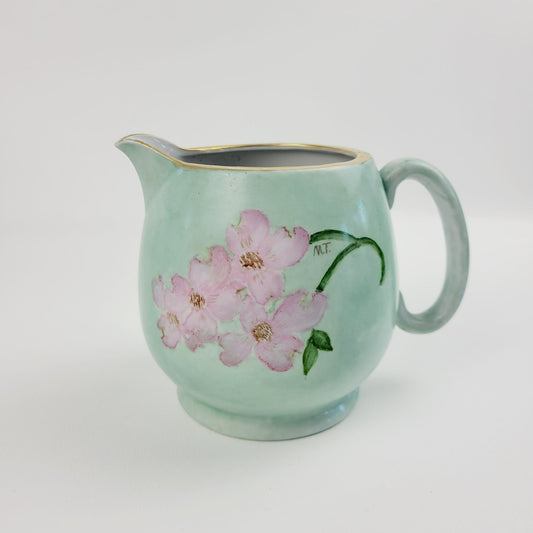 Hand-Painted Green & Pink Floral Ceramic Pitcher, Artist Signed, Made In Japan