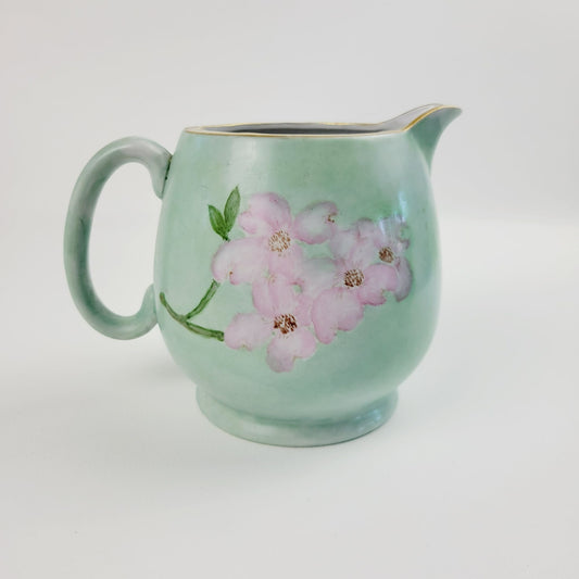 Hand-Painted Green & Pink Floral Ceramic Pitcher, Artist Signed, Made In Japan