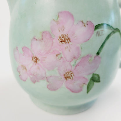 Hand-Painted Green & Pink Floral Ceramic Pitcher, Artist Signed, Made In Japan