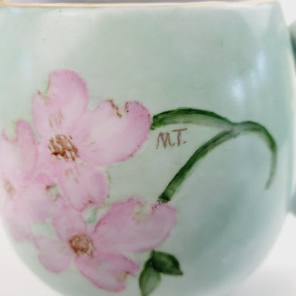 Hand-Painted Green & Pink Floral Ceramic Pitcher, Artist Signed, Made In Japan