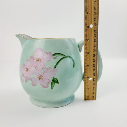 Hand-Painted Green & Pink Floral Ceramic Pitcher, Artist Signed, Made In Japan
