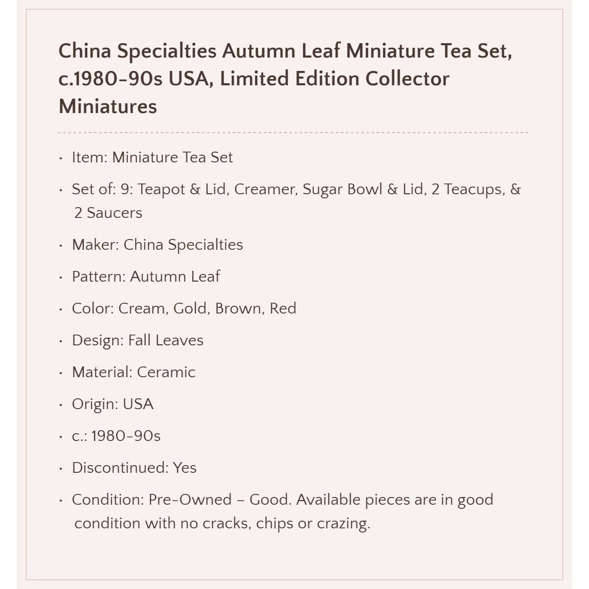 China Specialties Autumn Leaf Miniature Tea Set, c.1980-90s USA