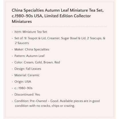 China Specialties Autumn Leaf Miniature Tea Set, c.1980-90s USA