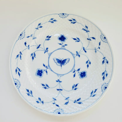 Bing & Grondahl Butterfly Dinner Plate, Blue & White Floral, Embossed Scales, Denmark c.1952-57