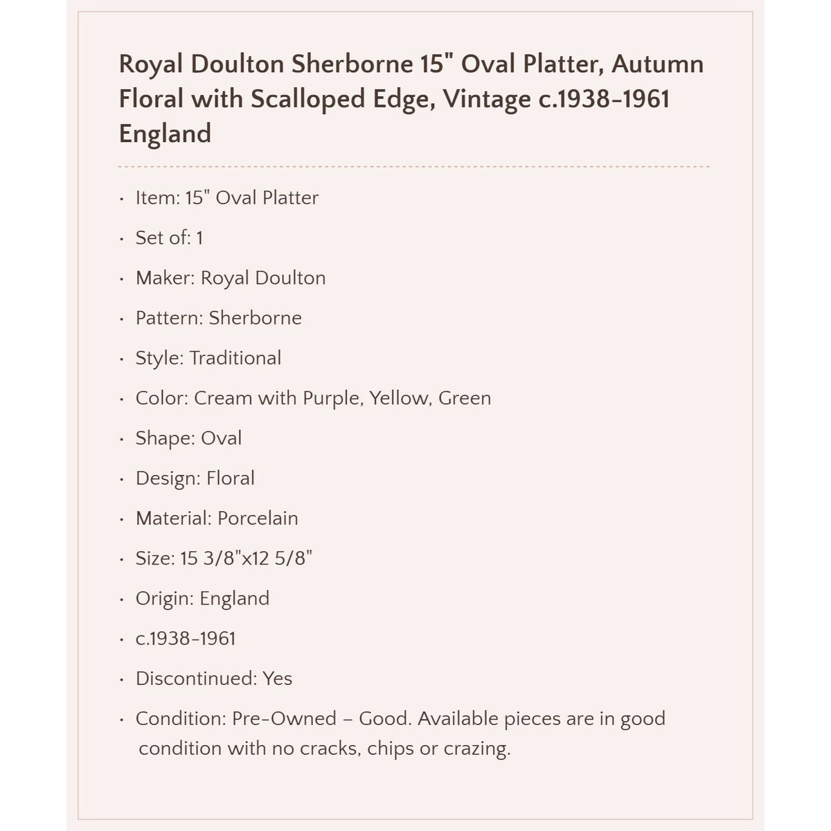 Royal Doulton Sherborne 15" Oval Platter, c.1938-61 England
