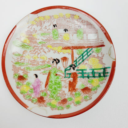 Japanese Kutani Geisha Girls Teacup & Saucers, 2 Sets, Hand Painted Japanese Village Garden Scene