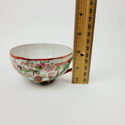 Japanese Kutani Geisha Girls Teacup & Saucers, 2 Sets, Hand Painted Japanese Village Garden Scene