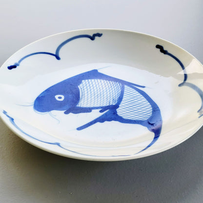 Vintage Blue & White Koi Fish Dinner Plate, c1990s