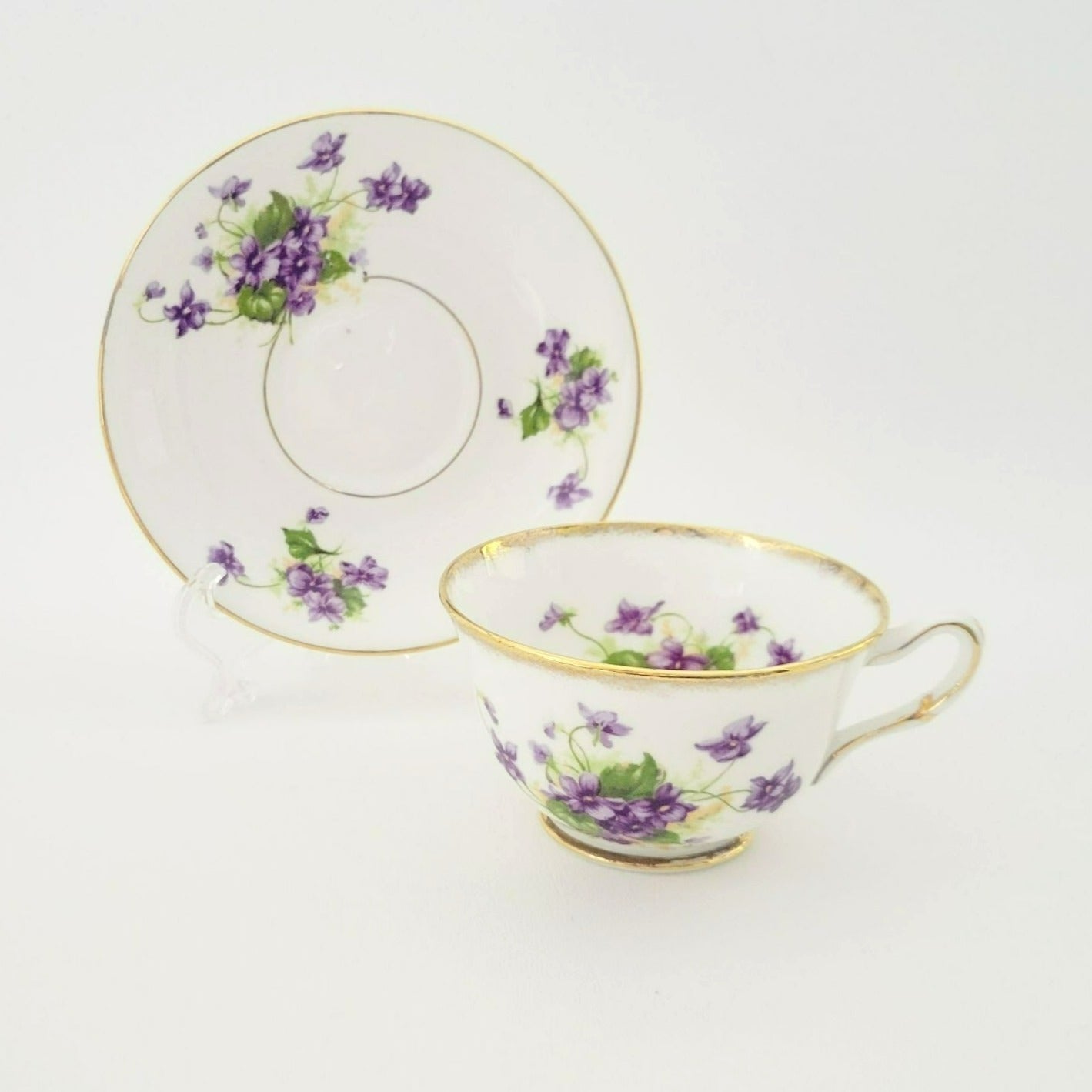 Vintage Purple Violets Teacup & Saucer, Floral with Heavy Gold Trim, c.1950s Thomas Forester & Sons England