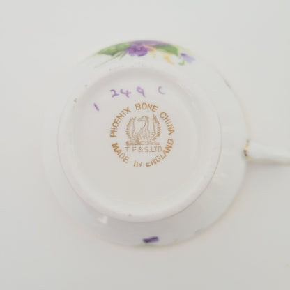 Vintage Purple Violets Teacup & Saucer, Floral with Heavy Gold Trim, c.1950s Thomas Forester & Sons England