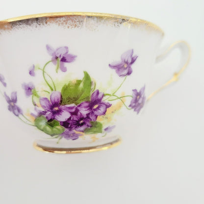 Vintage Purple Violets Teacup & Saucer, Floral with Heavy Gold Trim, c.1950s Thomas Forester & Sons England
