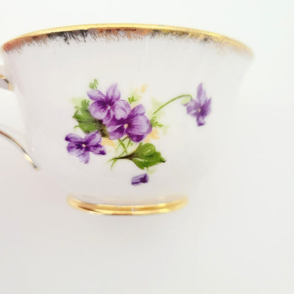 Vintage Purple Violets Teacup & Saucer, Floral with Heavy Gold Trim, c.1950s Thomas Forester & Sons England