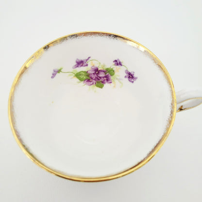 Vintage Purple Violets Teacup & Saucer, Floral with Heavy Gold Trim, c.1950s Thomas Forester & Sons England