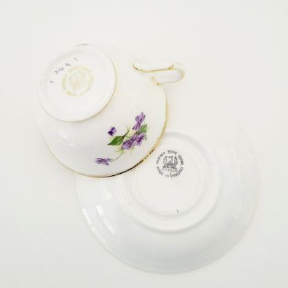 Vintage Purple Violets Teacup & Saucer, Floral with Heavy Gold Trim, c.1950s Thomas Forester & Sons England