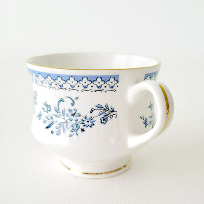 Vintage Blue & White Demitasse Cup & Saucer, 2 Sets, Delicate Floral Design, Bone China by Jaipur Glass