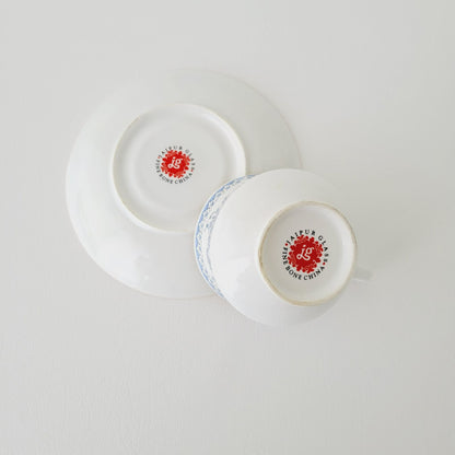 Vintage Blue & White Demitasse Cup & Saucer, 2 Sets, Delicate Floral Design, Bone China by Jaipur Glass
