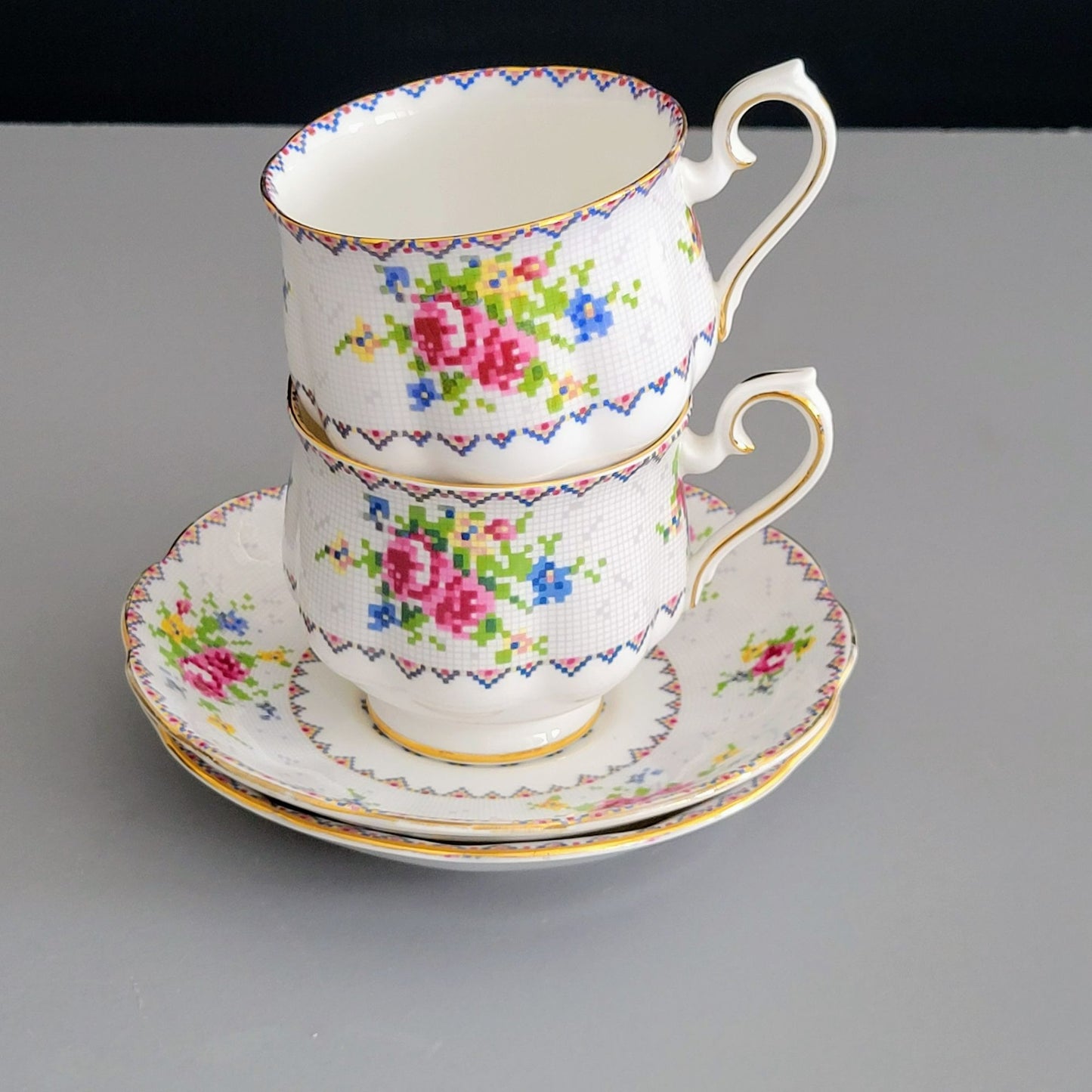 Royal Albert Petit Point Teacup & Saucer, 2 Sets, England c.1932-97