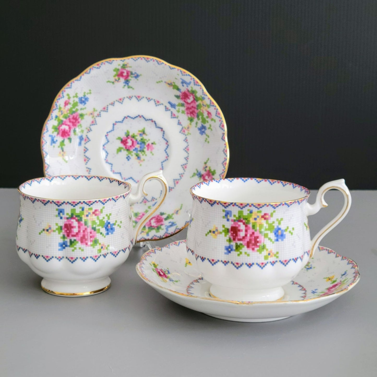 Royal Albert Petit Point Teacup & Saucer, 2 Sets, England c.1932-97