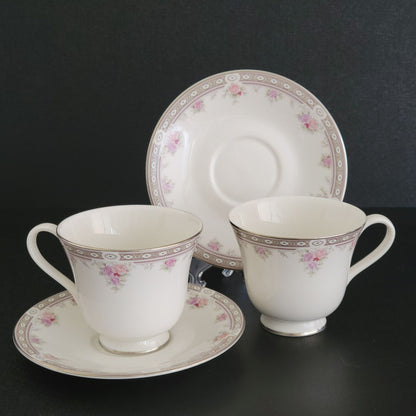 Royal Doulton Elegance Pink & Purple Rose Teacup and Saucer, 2 Sets, c.1980s Vogue Collection, England