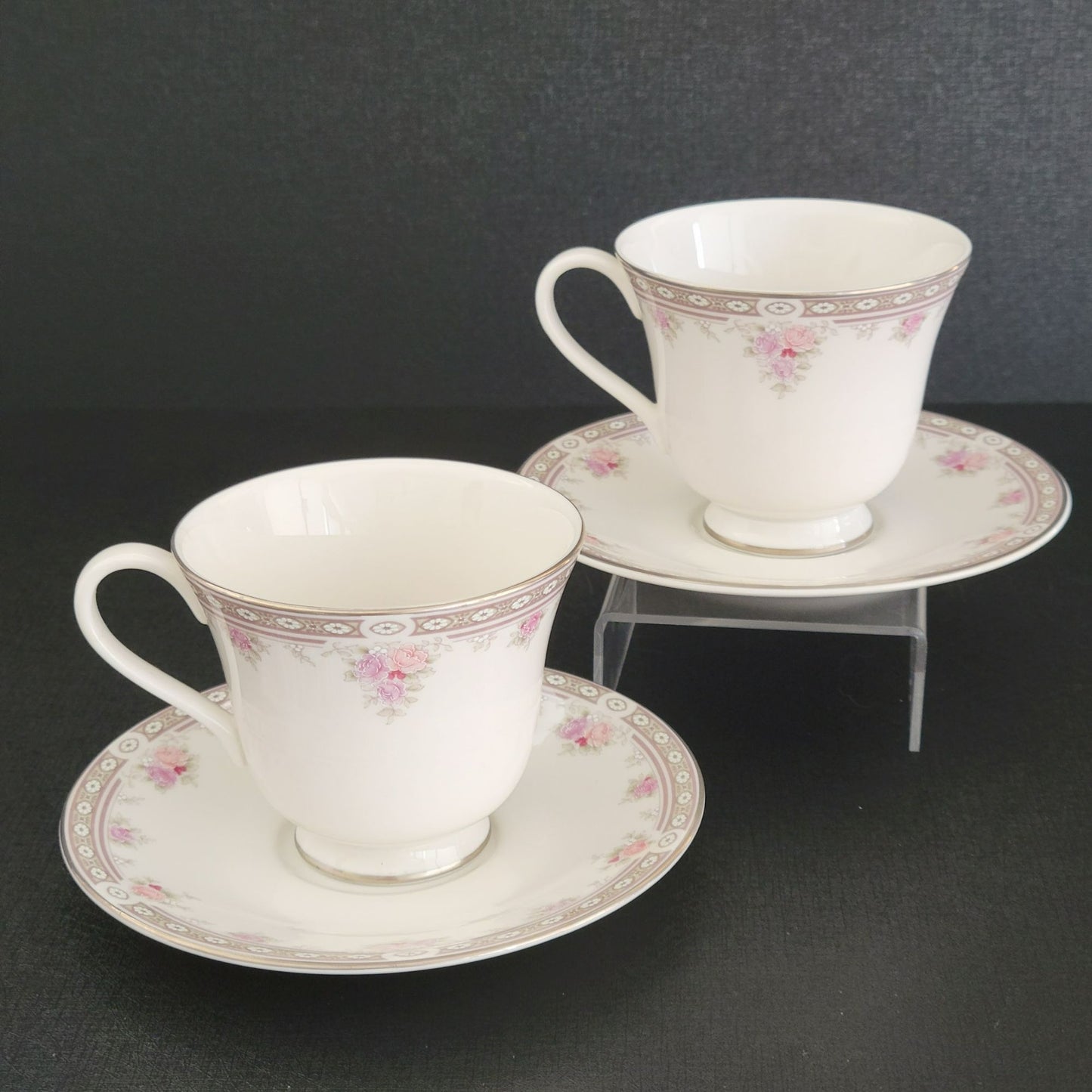 Royal Doulton Elegance Pink & Purple Rose Teacup and Saucer, 2 Sets, c.1980s Vogue Collection, England