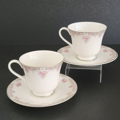 Royal Doulton Elegance Pink & Purple Rose Teacup and Saucer, 2 Sets, c.1980s Vogue Collection, England