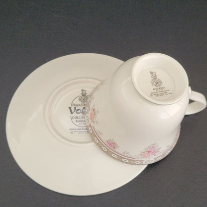 Royal Doulton Elegance Pink & Purple Rose Teacup and Saucer, 2 Sets, c.1980s Vogue Collection, England
