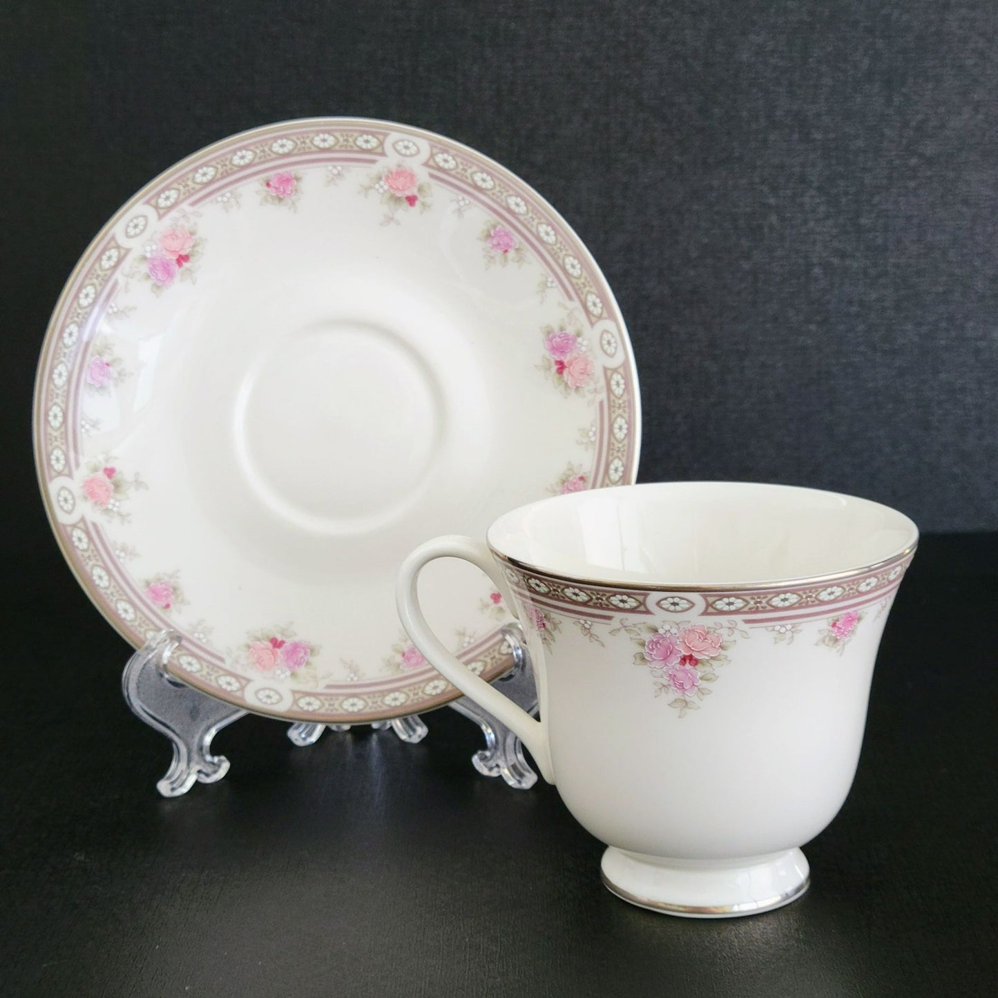 Royal Doulton Elegance Pink & Purple Rose Teacup and Saucer, 2 Sets, c.1980s Vogue Collection, England
