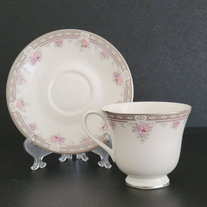 Royal Doulton Elegance Pink & Purple Rose Teacup and Saucer, 2 Sets, c.1980s Vogue Collection, England
