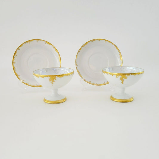 Hutschenreuther White & Gold Footed Dessert Bowl and Saucers, 2 Sets, Bavaria Germany